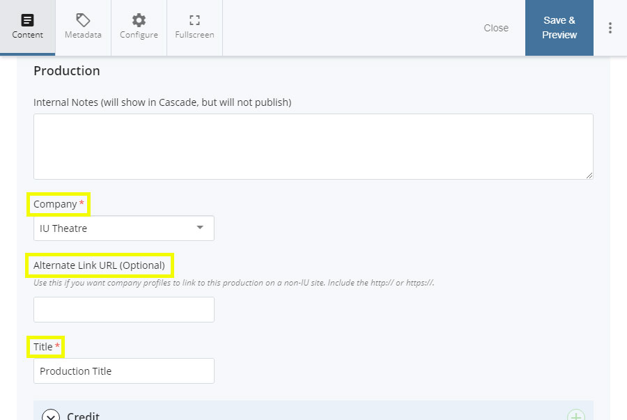 Fields for production Company and Title.